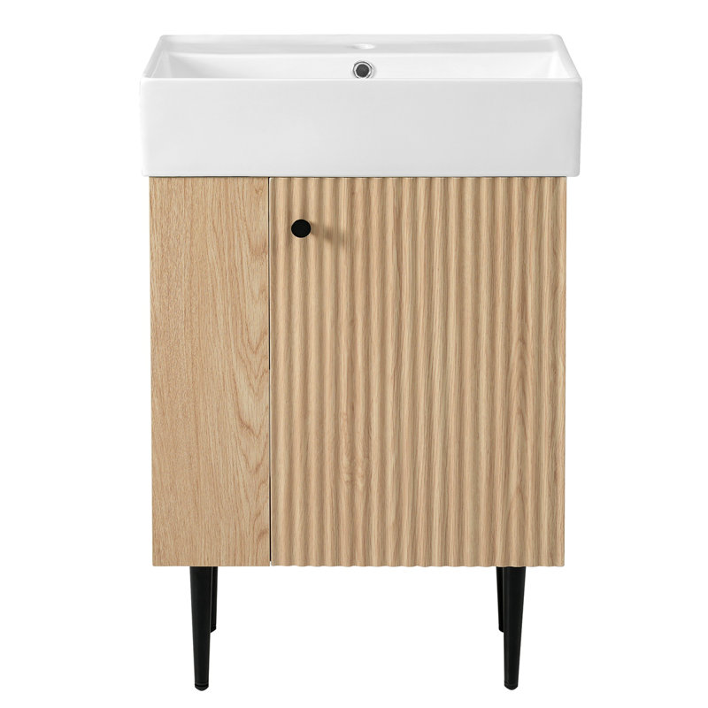 Meuble-lavabo en bois 21,6 po, armoire combinée, meuble de rangement pour salle de bain, lavabo simple en céramique, rangement à gauche
