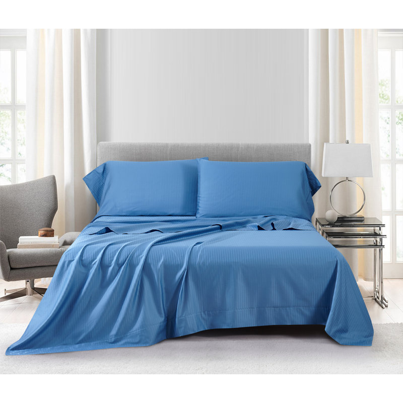 Ensemble de draps 100% coton 600 fils 600 fils jacquard, Très grand, Blue