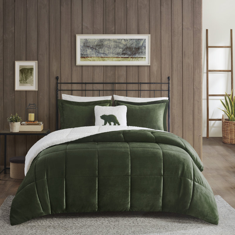 Alton Plush to Sherpa Down Alternative Ultra-Soft Comforter Set, Green/Ivory, Queen Comforter + 2 Shams + 1 Decorative Pillow