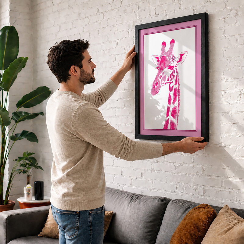 Pink Giraffe Modern - Framed Print, A4 - 29.7 x 21.0 cm, White