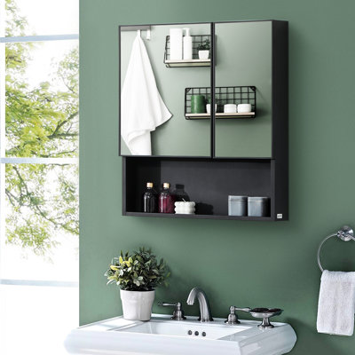 Armoire à pharmacie noire avec portes doubles et grandes tablettes pour miroir de salle de bain