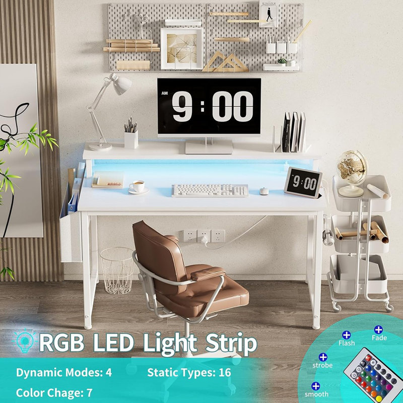 White Computer Desk With Led Lights And Power Outlets
