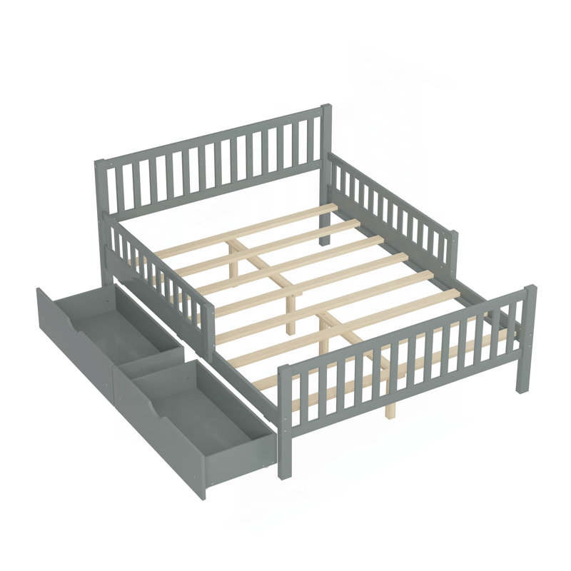 Full Size Wood Platform Bed With Guardrails On Both Sides And Two Storage Drawers, Gray, Full