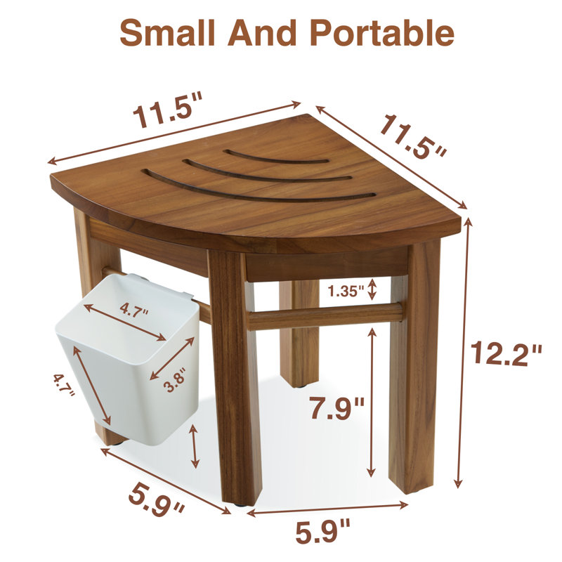 Ebern Designs 12'' Teak Shower Stool For Shaving Legs, Corner Shower Stool For Inside Shower, Waterproof Teak Shower Bench For Bathroom, Small Wood Shower Stool For Foot Rest, Indoor Or Outdoor Use