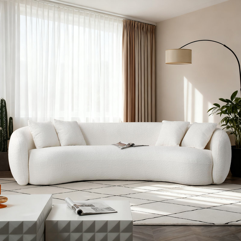 Yazgur Boneless 93.6" Curved Modern Upholstered Sofa, Blue Boucle, 26.9" H x 102.36" W x 48.8" D