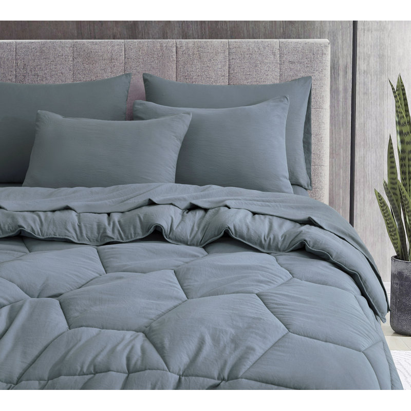 Washed Microfiber 7-Pieces Honeycomb Comforter Set with Sheets, Oversized Queen Comforter + 6 Additional Pieces, Dusty Blue