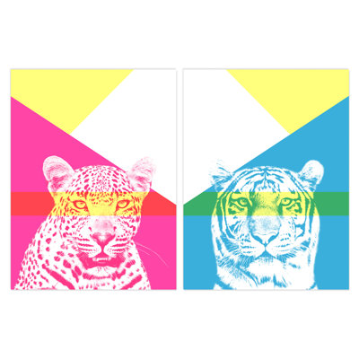 Neon Tiger Leopard Vivid Jungle Animal Portrait Bold Geometric - 2 Piece No Frame Print Set
