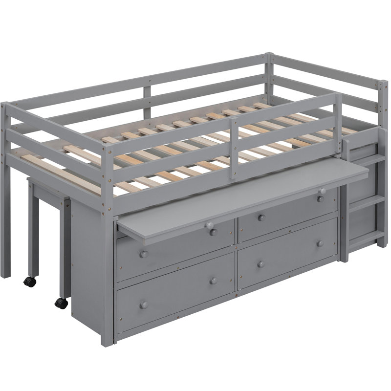 Lit mezzanine avec bureau d'écriture rétractable - Profitez d'un espace de travail confortable avec 4 tiroirs et un tiroir latéral