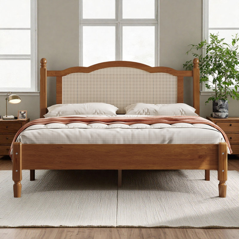 Lit plateforme double en bois avec tête de lit en rotin naturel, Lit double