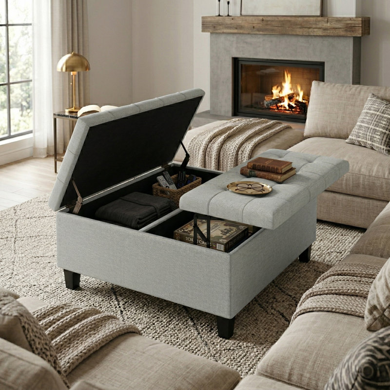 Harrison 36"W Upholstered Linen Look Fabric Transitional Square Lift-Top Ottoman With Hidden Storage