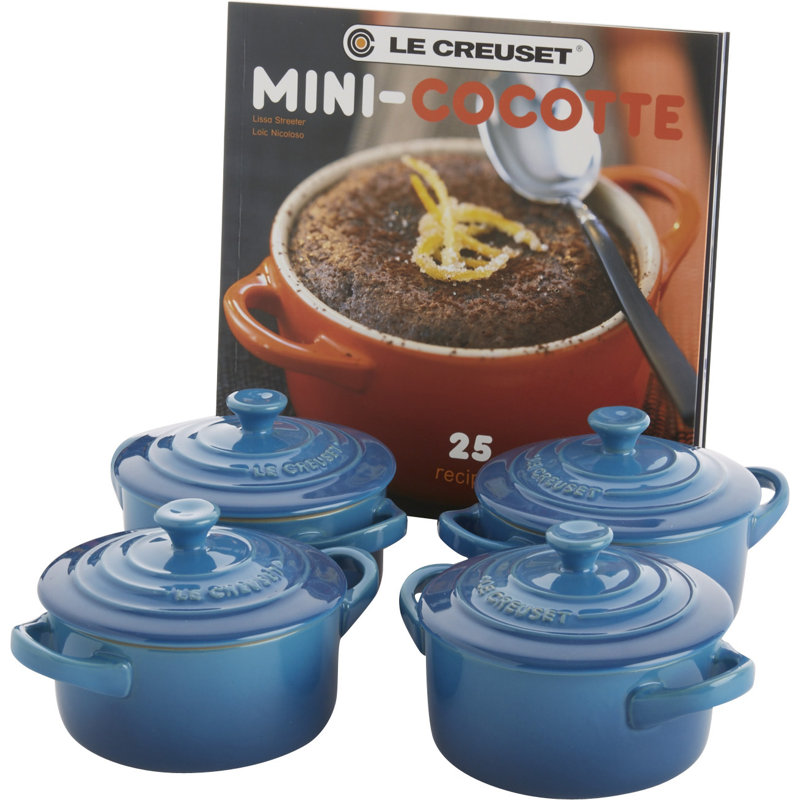 Le Creuset Stoneware Set of 4 - 8 oz. Mini Round with Lids and Cookbook, Marseille