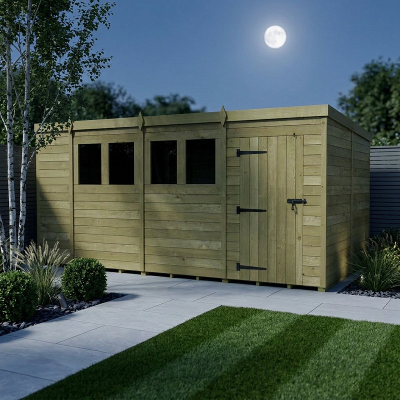 Total Sheds 14ft x 8ft Pent Garden Shed - Single Door - With Windows - Pressure Treated Timber - UK Manufactured