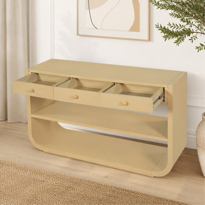 Console moderne courbée avec 3 tiroirs à fermeture en douceur et 2 tablettes ouvertes, base en bois massif, table de vestibule pour vestibule de salon, naturel