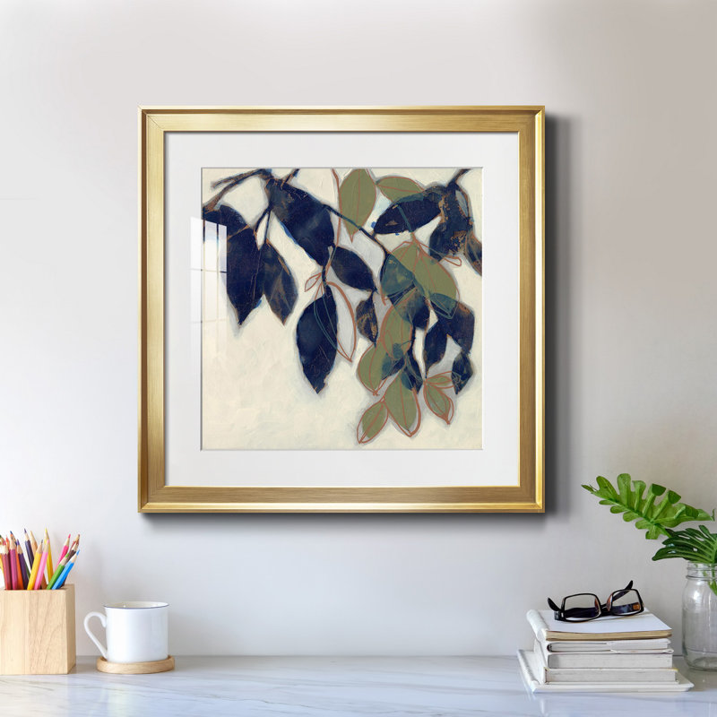 «Entwined Leaves II», reproduction encadrée de qualité supérieure - prête à être accrochée, Papier encadré doré, Blanc
