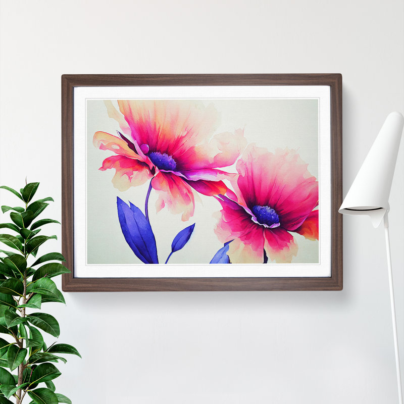 Futuristic Watercolour Flowers - Single Picture Frame Print, Walnut Framed, 25cm H x 34cm W x 2cm D