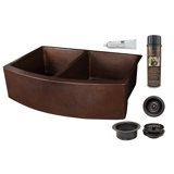 33" Hammered Copper Kitchen Rounded Apron 50/50 Double Basin Sink with Matching Drain and Accessories