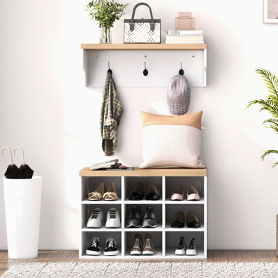 21 Shoe Bench, Coat Rack , 9 Pair Storage, Bedroom, Space Shelf Design, Decorative Particle Board Hall Tree, Bench