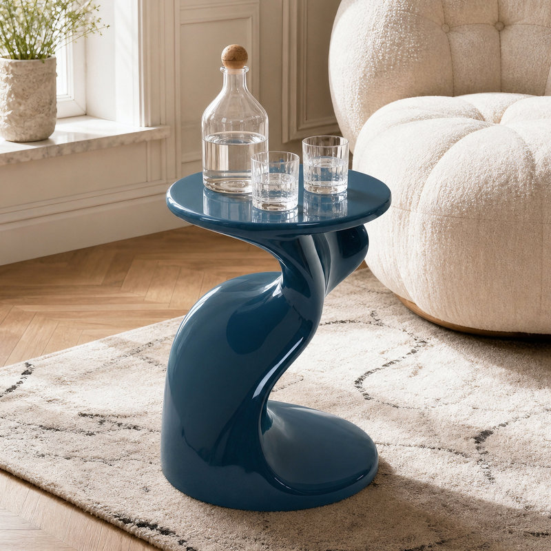 Table d'appoint laquée brillante avec piètement incurvé, table de chevet moderne avec grand plateau, table d'appoint avec base antidérapante, bleue
