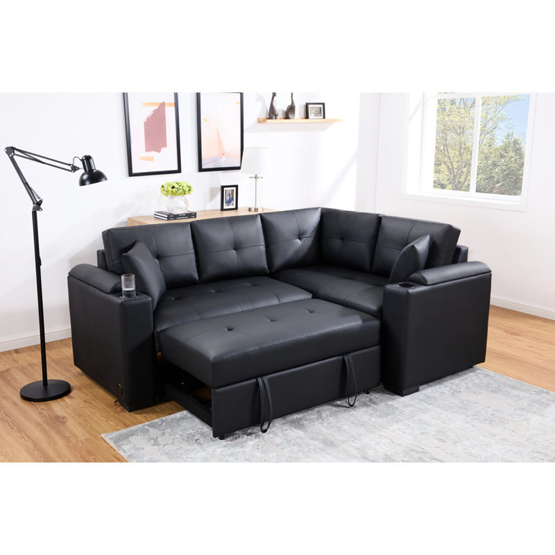 Canapé modulaire noir avec fonction couchette, porte-gobelets et sièges en mousse pour ports, hauteur du produit: 35,5 po