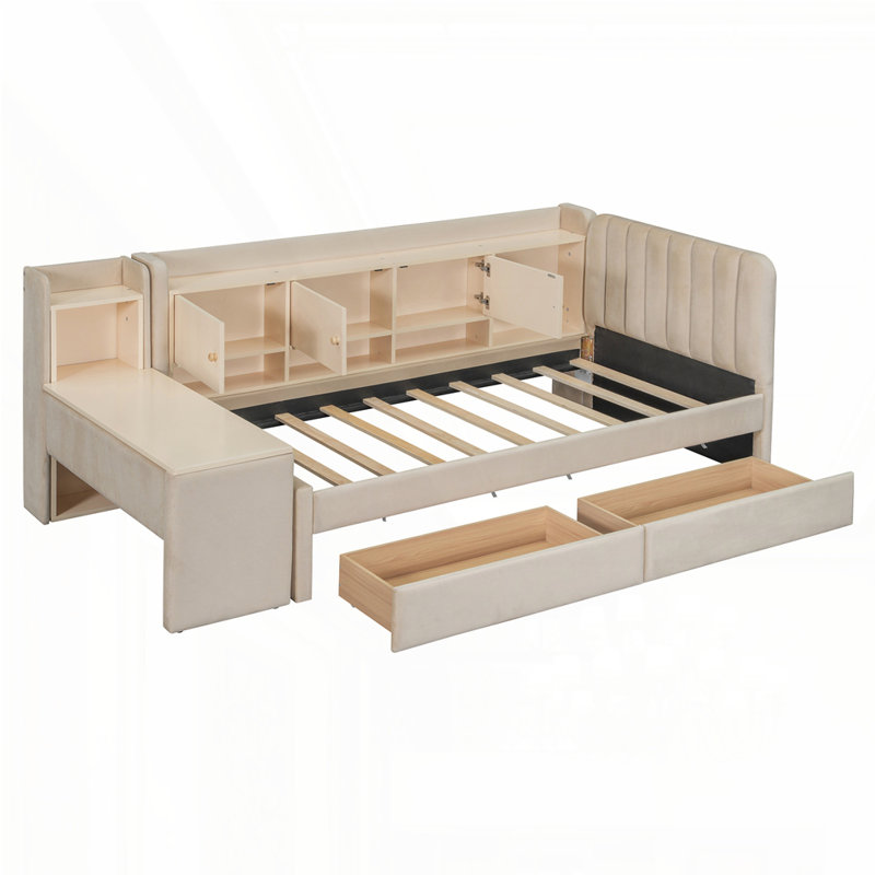 Twin Size Upholstered Daybed With Flip Cabinets, Beige