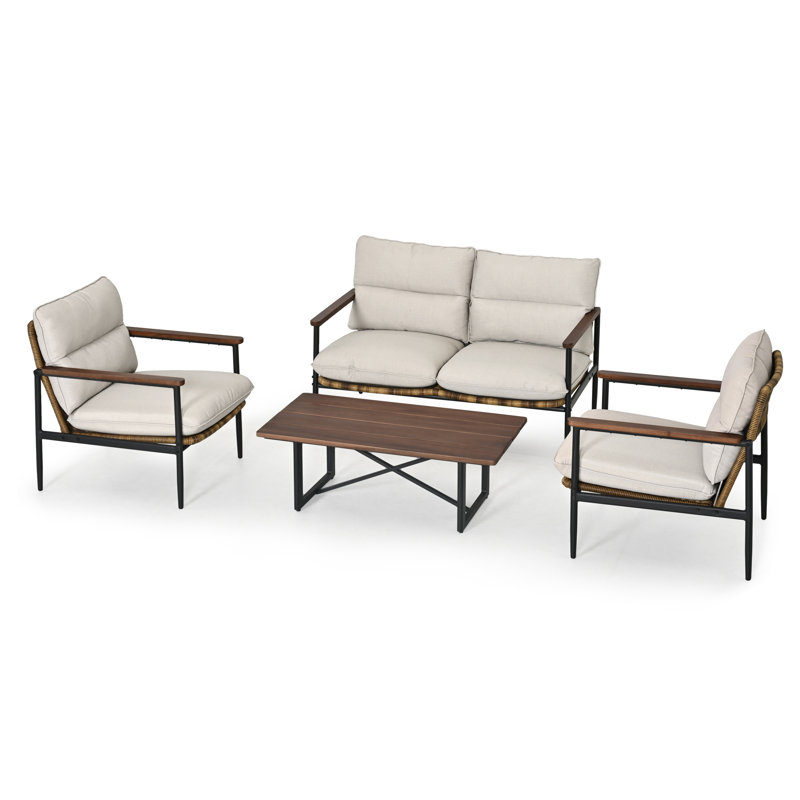 Devinna 4-Piece Aluminum Wicker Patio Conversation Set With Loveseat, Coffee Table And Light Gray Cushions