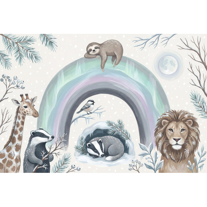 Papier peint pastel arc-en-ciel amovible animaux de la forêt d'hiver, 120 po x 96 po, Non tissé