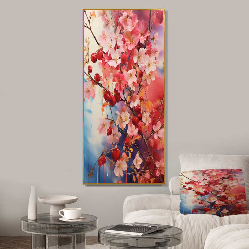 Été rose cerisier en fleurs II - Art mural cerisier en fleurs, Cadre flottant doré, H 60 po x l 28 po x P 1,5 po