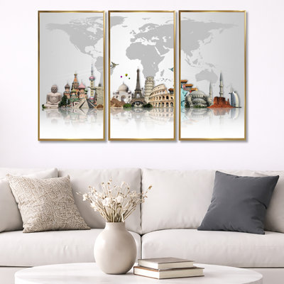 "Famous Monuments Across World", 3 pièces, cadre flottant, impression sur toile