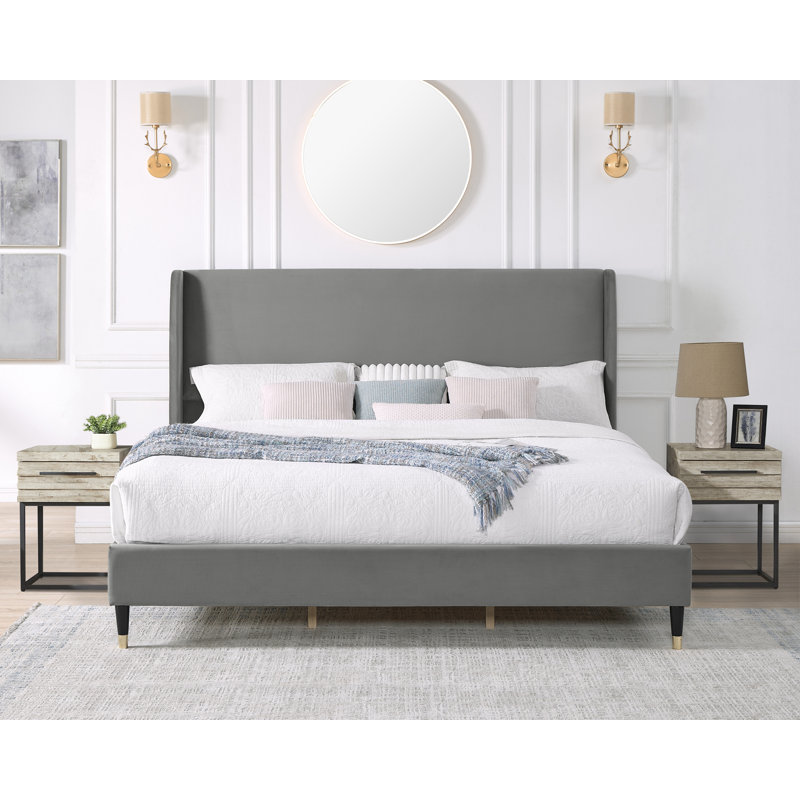 Rozitta Upholstered Wingback Bed, King, Gray Velvet