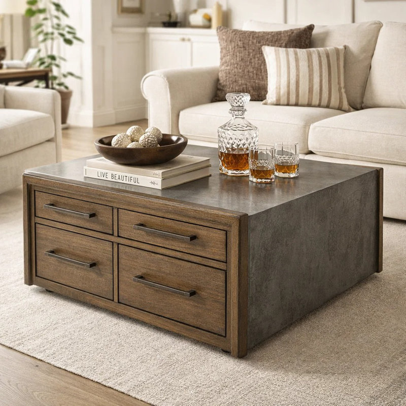 Kio Coffee Table, 40 Inch Square Faux Cement Top And 8 Drawers, Brown