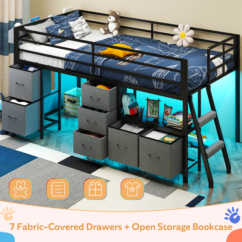 Twin Low Loft Bed With 7 Storage Drawers And Led Lights, Inclined Ladder And Under-bed Play Space, Black