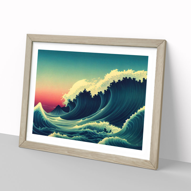 Japanese Wave Sunset - Single Picture Frame Print, 46cm H x 64cm W x 2cm D, Oak