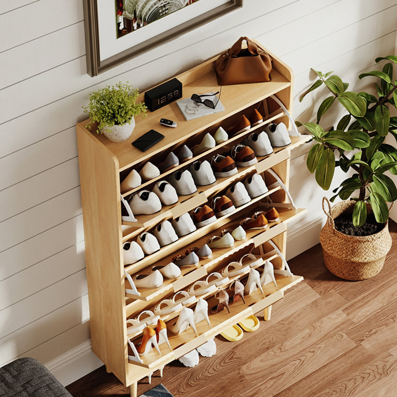 31.6 Inch 3 Flip Drawer Shoe Cabinet With Grid Panel, Oak