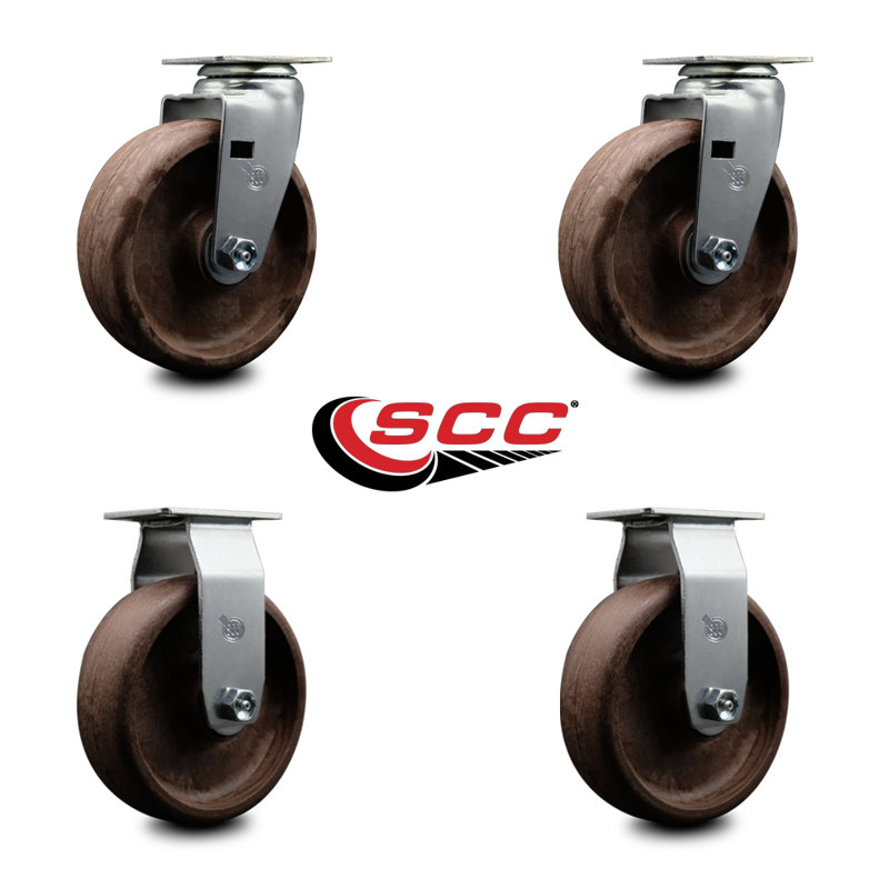 6 Inch High Temp Glass Filled Nylon Caster Set w/Bronze Bearing 2 Swivel 2 Rigid