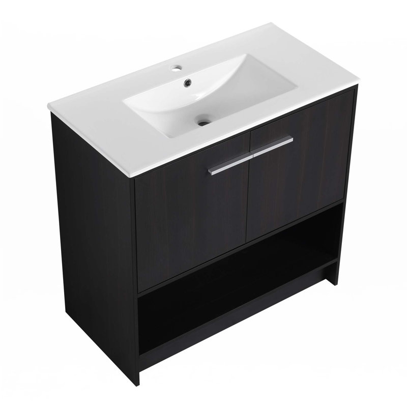 Bathroom Vanity With Ceramic Sink, Dark Oak, Silver