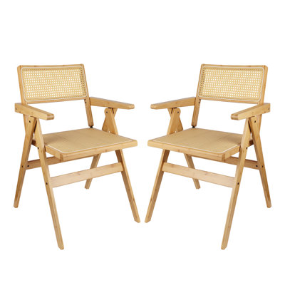 Set Of 2 Rattan Dining Chairs With Armrests, Foldable Design