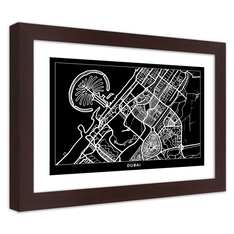 Dubai City Map - Single Picture Frame Print, 60cm H x 90cm W, Brown