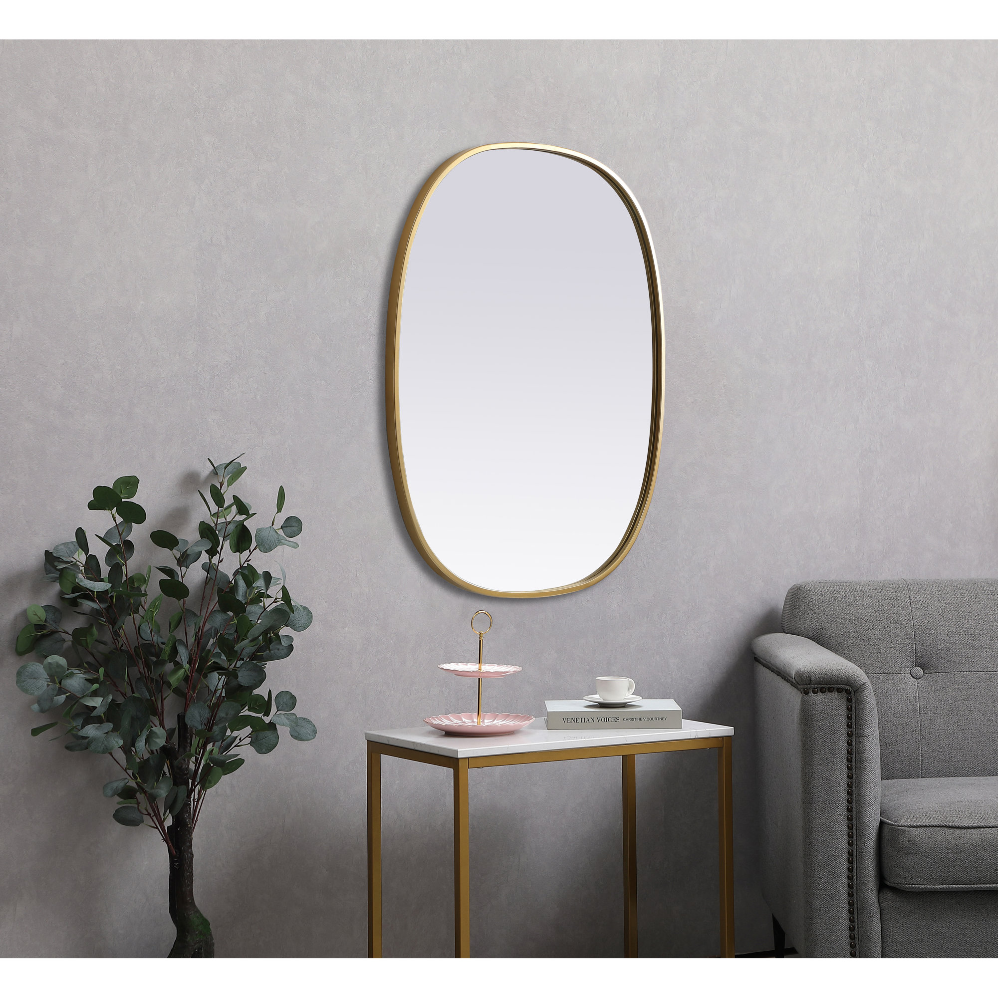 Sabine Metal Curved Oval Wall Mirror, 30" x 24", Brass