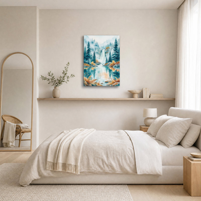 «Misty Waterfall and Pine Trees in Autumn Forest», art mural sur toile, H 24 po x l 16 po