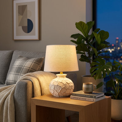 Lampe de table en céramique avec abat-jour en lin blanc Costal
