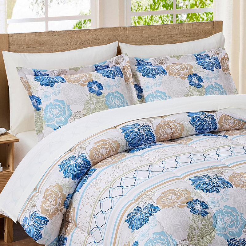 Floral Stripe Bed-in-a-bag Printed Comforter Set, Queen Comforter + 6 Additional Pieces