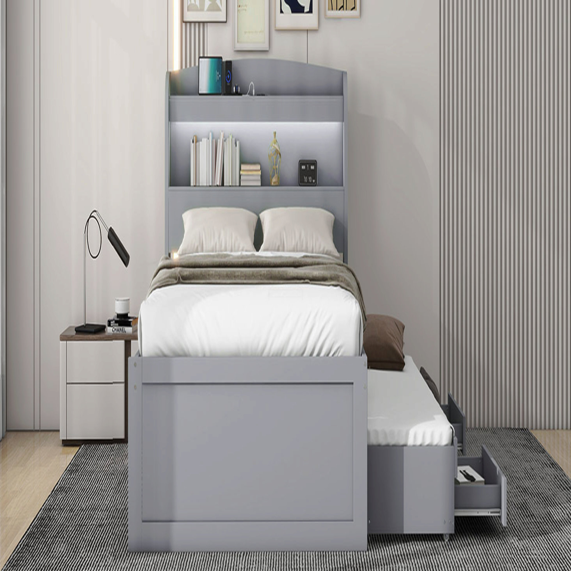 Lark Manor Twin XL Size Platform Bed With Storage LED Headboard ...