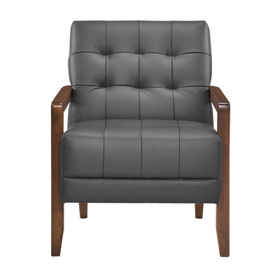 Stylish Accent Chair In Dark Gray Leather, Plywood Frame, And Walnut Finish Arm Supports Modern With Core, , Seat, Leg