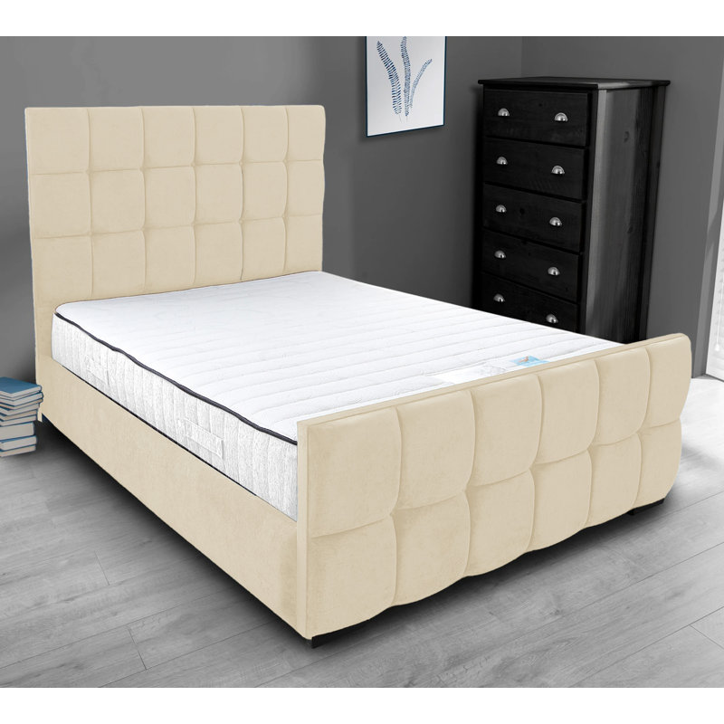 Merricks Contemporary Velvet Upholstered Bed Frame - Padded Headboard, Sprung Slats, Cream, Small Double (4')