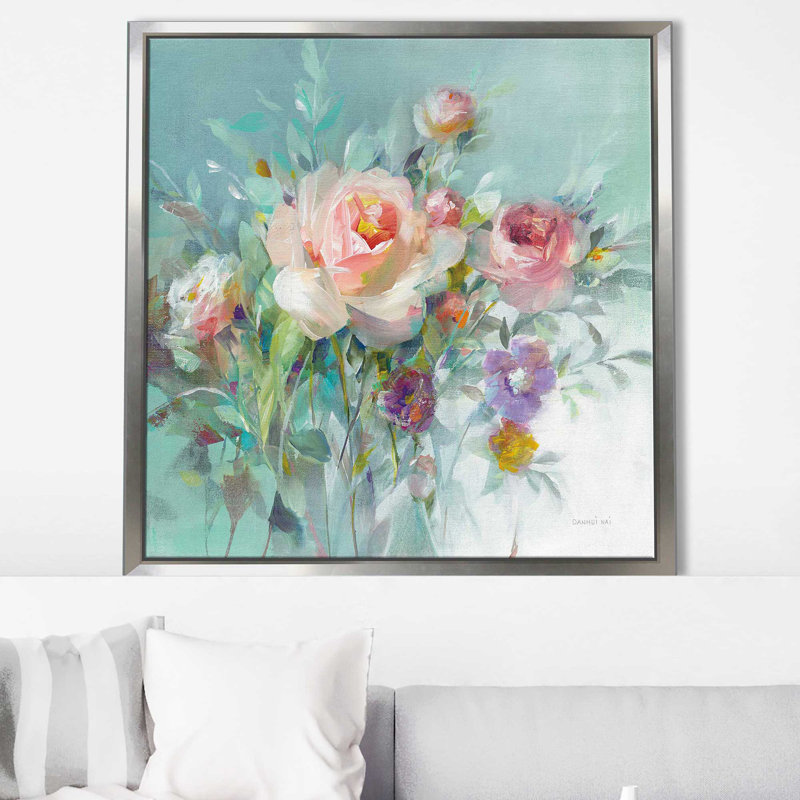 Roses de jardin d'été - Peinture, Cadre flottant argent, H 39,5 po x l 39,5 po x P 2 po