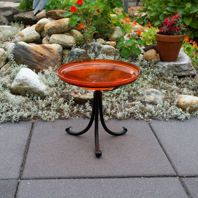 14" Crackle Glass Birdbath with Tripod Stand