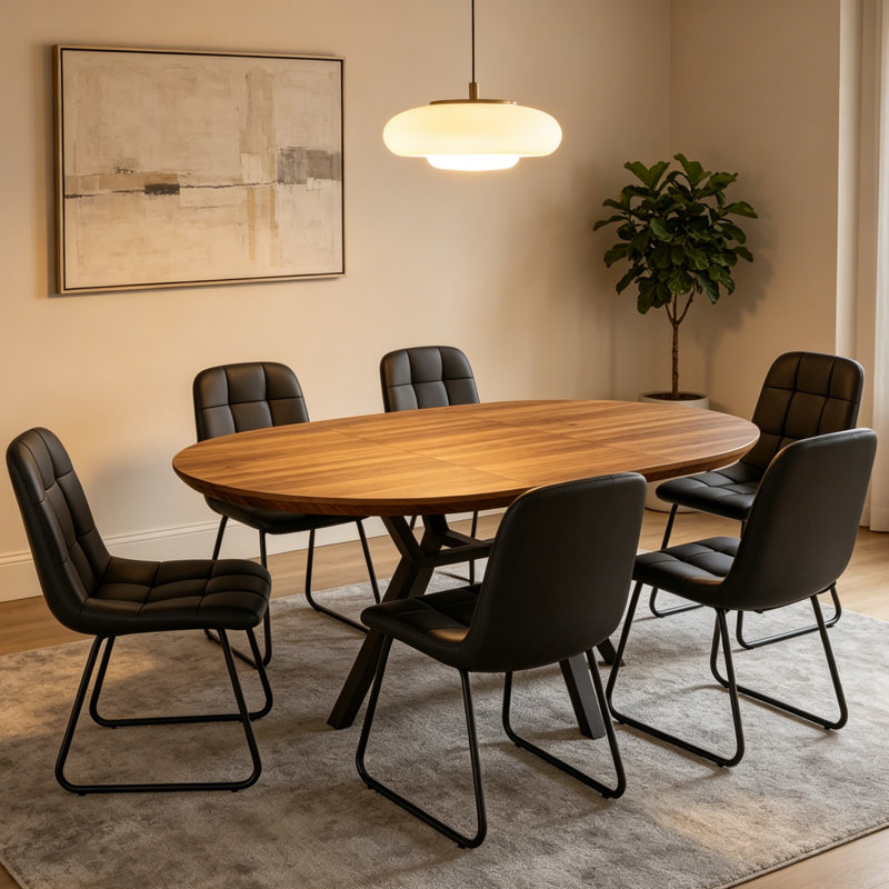 Ensemble de table de salle à manger extensible de 43,2 po à 59,1 po, table de cuisine ronde en bois de style Mid-Century, table basse en noyer pour 4 à 6 personnes, fauteuil en cuir synthétique