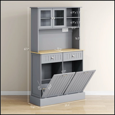 68" Kitchen Pantry Storage Cabinet with Charging Station, 2 Tilt Out Trash Cabinets and Microwave Stand, Freestanding Kitchen Hutch with Glass Doors a