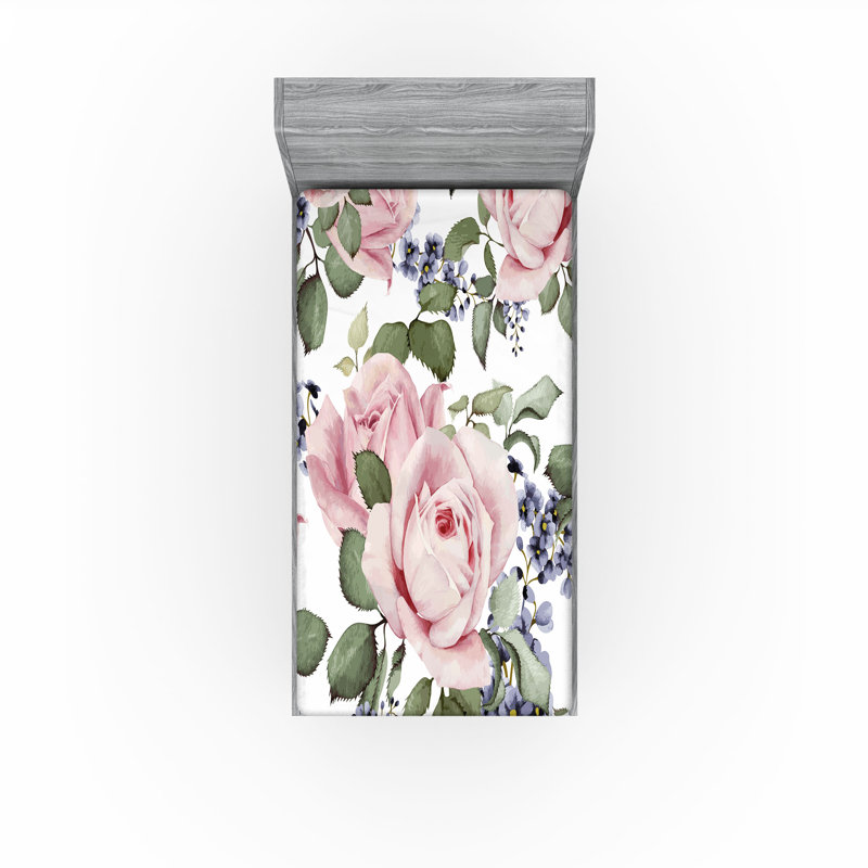 Drap-housse orange Ambesonne, Drap-housse de taille simple, Rose pâle / vert / bleu / floral gris-bleu