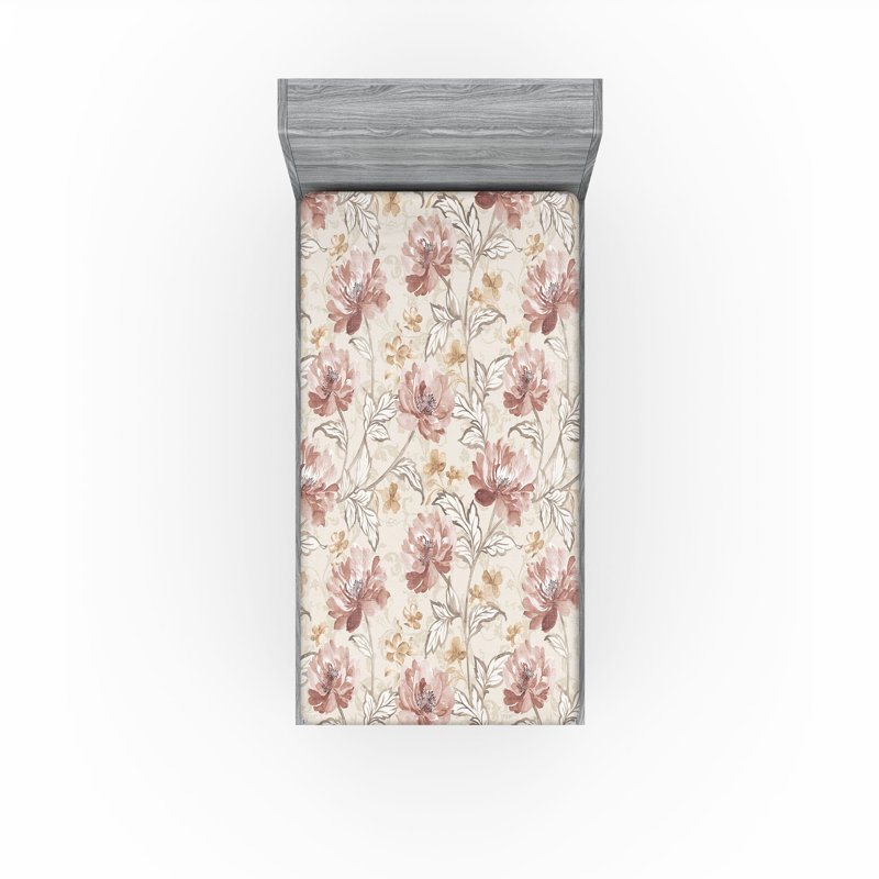 Drap-housse à motif floral Ambesonne, Drap-housse simple TG, Coquille d'œuf, rubis pâle / floral